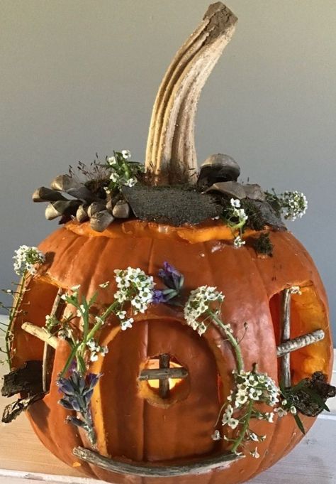 Fairy Garden Pumpkin, Halloween Pumpkin Carving Ideas, Pumpkin Fairy House, Pumpkin Fairy, Fall Home Decor Ideas, Halloween Pumpkin Carving, Pumpkin Decorating Contest, Pumpkin Contest, Pumpkin Carving Ideas