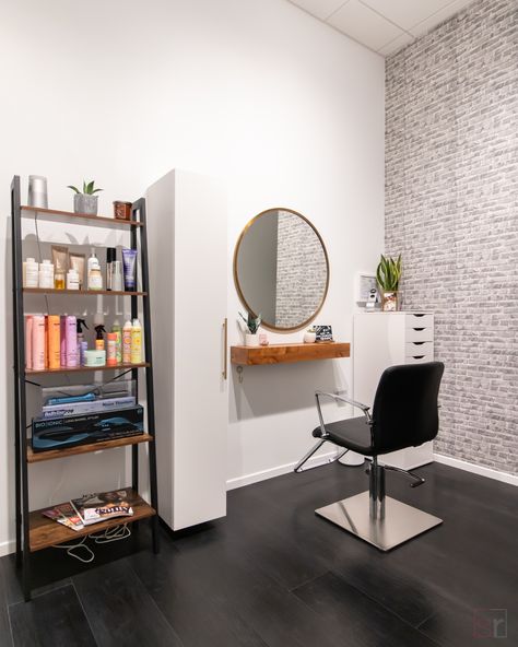 Simple Salon Station Ideas, Floating Shelves Salon Station, Small Salon Suite Storage Ideas, Home Salon Ideas Small Diy, Salon Room In Home, Private Salon Suite, In Home Salon Ideas Small Spaces, At Home Hair Salon, Salon Suite Ideas