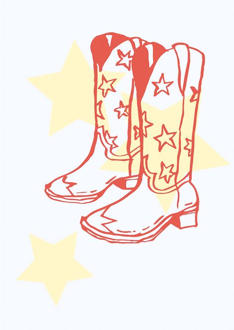 Star Cowboy Boot Poster Design in Red, Yellow and Blue Aesthetic Wallpaper Cowboy Poster Aesthetic, Blue Western Aesthetic Wallpaper, Red Cowboy Boot Tattoo, Cowboy Boot Poster, Red Yellow Aesthetic, Cowboy Boot Aesthetic, Cowboy Boot Illustration, Cowboy Aesthetic Wallpaper, Cowboy Boots Poster