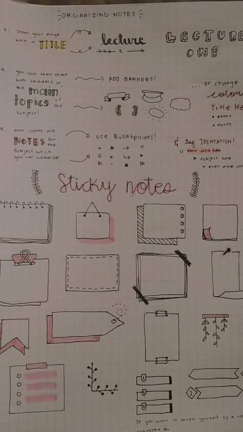 Tips for organizing your notes Note Header Ideas Simple, Revision Title Ideas, Organizing Ideas Notebook, Side Notes Ideas, Cute Ways To Highlight Notes, How To Make Your Study Notes Pretty, Pretty Study Notes Layout, Ways To Make Your Notes Prettier, Organization Notebook Ideas