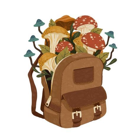 Mushroom Backpack, Woodland Aesthetic, Backpack Drawing, Witch School, Concerning Hobbits, Cottagecore Art, Sketchbook Inspo, House Art, Arte Sketchbook