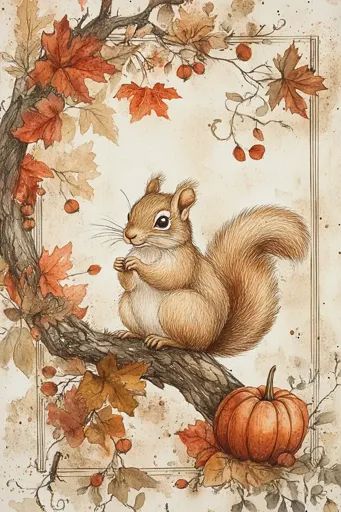 ↑↑↑ Larger size on website 🔸 The image depicts a squirrel sitting on a branch in a fall setting.  The squirrel is brown with a bu Fall Thanksgiving Wallpaper, Realistic Watercolor, Thanksgiving Wallpaper, A Squirrel, Winter Bird, Watercolor Techniques, A Pumpkin, Fall Thanksgiving, Color Change