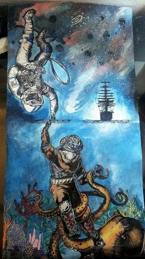 Astronaut And Diver Drawing, Deep Ocean Drawing, Space Man Drawing, Drawing Ideas Ocean, Diver Drawing, Astronaut Sketch, Deep Sea Diver Art, Deep Sea Ocean, Diver Art