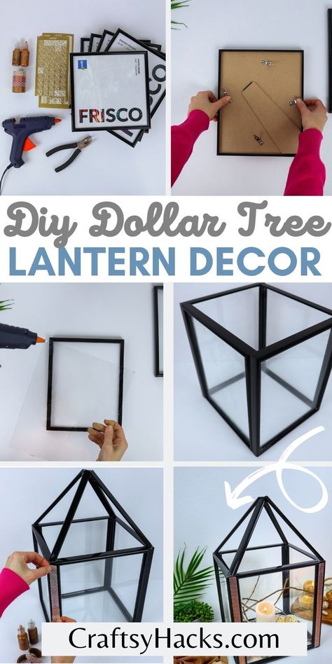 Diy Dollar Store Lantern, Dollar Tree Frame Lantern, Diy Decorative Lanterns, Xmas Lanterns Ideas Diy, Diy Large Lantern Outdoor, Christmas Dollar Store Diy, Diy Projects Easy, Diy Lantern Decorating Ideas, Easy Dollar Store Crafts