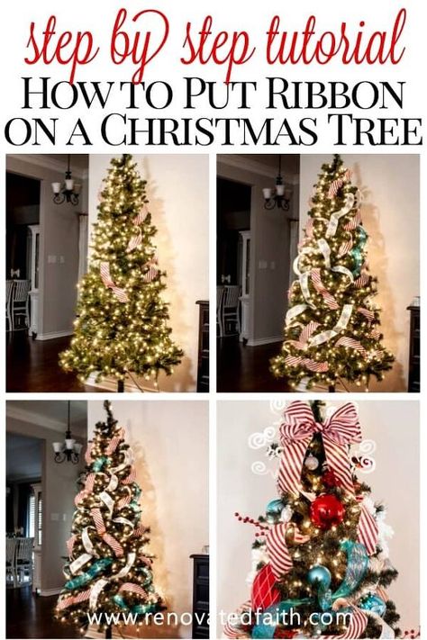 Ribbon Christmas Trees, Christmas Tree Topper Ribbon, Christmas Tree Ribbon Garland, Flannel Ideas, Ribbon On A Christmas Tree, Garland For Christmas, Christmas Tree Decorations Ribbon, Ribbon Tree, Ribbon Garland