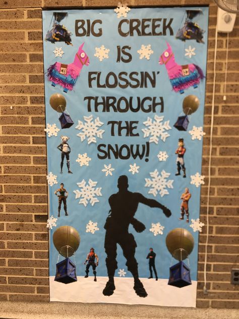 Fortnite Bulletin Board - Flossin’ Through The Snow Fortnite Christmas, Cafeteria Bulletin Boards, Map Testing, School Year Themes, School Wide Themes, Door Decorations Classroom Christmas, Diy Classroom Decorations, Teacher Door, Vbs 2023