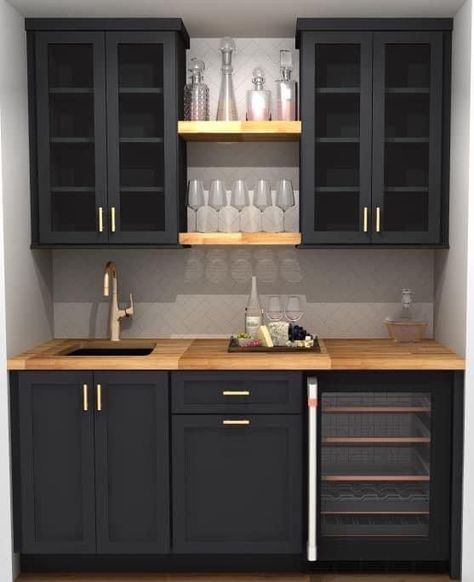 Basement Bar With Wallpaper, Wet Bar Upper Cabinets, Mini Bar With Sink And Fridge, Small Wet Bar With Ice Maker, Black Cabinets Bar Area, Modern Beverage Station, Wet Bar Transformation, Bar Closet Ideas Built Ins, Butcher Block Wet Bar