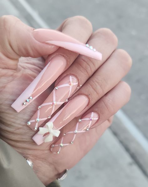 Baby pink French bow tie Long Pointed Nails, Nail Journey, Fancy Bows, Pointed Nails, Pink French, Pink Nail Designs, Nails Designs, Baby Pink, Bow Tie