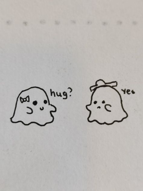 A ghost asking another ghost if they need a hug. Super cute Cute Mini Ghost Drawing, White Board Drawings Easy Fall, Gost Drawings Aesthetic, Cute Doodles Ghost, Cute Small Easy Doodles Ghost, Mini Drawings Ghost, Drawing Ideas Easy Ghost, Simple Doodles Ghost, Doodle Art Ghost