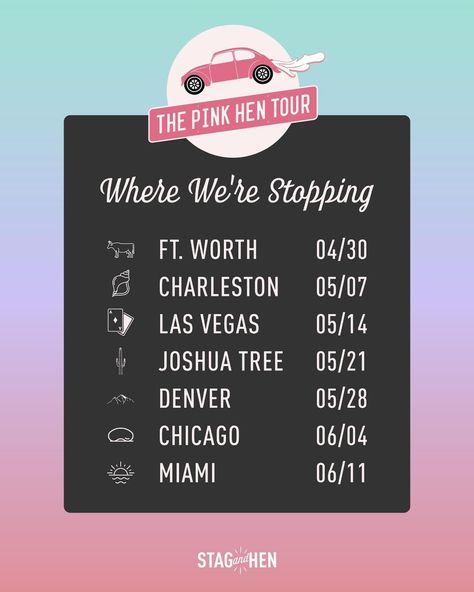 Step aside @taylorswift, there’s a new tour in town... The Pink Hen Tour! 💖🚌 ⁠ ⁠ Follow along as we explore bachelorette destinations across the USA with new stops every Tuesday. First up: Fort Worth! 🤠⁠ ⁠ See you there 🙌⁠ Sponsored By: @charleston.bachelorette @vegasgirlsnightout @girlabouttown_denver @girlabouttown_chicago @onkormiamicharters ⁠ #stagandhen #shopstaganhen #pinkhentour ⁠ Every Tuesday, Party Shop, Fort Worth, Hen, Bachelorette Party, This Is Us, Pink, Instagram