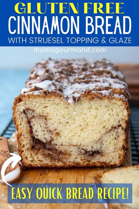 Cup4cup Recipes Gluten Free, Gluten Free Cinnamon Bread, Snack Breads, Cinnamon Swirl Quick Bread, Mamagourmand Recipes, Easy Cinnamon Bread, Glaze Frosting, Gluten Free Quick Bread, Cinnamon Bread Easy