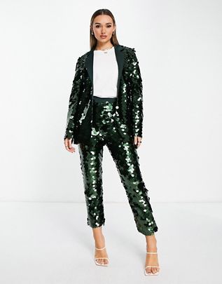 Green Sequin Pants Outfit, Sequin Suit Women, Sequin Pants Outfit, Sequin Suit, Slim Blazer, Eid Outfits, Sequin Pants, Green Sequins, Halter Mini Dress