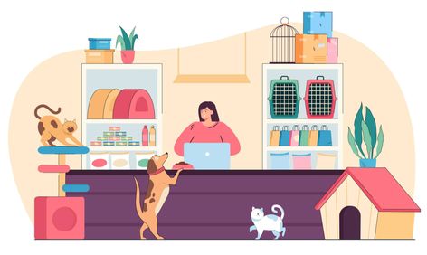 Free Vector | Pet shop seller selling vet goods for animals. woman standing behind counter inside store near accessories and toys, cage and food on shelves flat vector illustration. small retail pet shop concept Fancy Castle, Diorama Paper, Cute Cat Sleeping, Pet Muzzles, Animal Rescue Center, Book Furniture, Online Pet Store, Flat Vector Illustration, Happy Cartoon