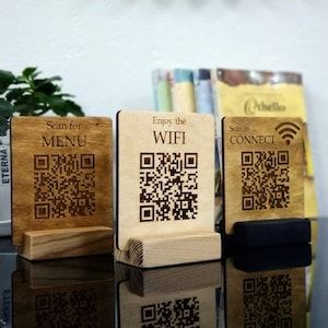 Qr Code Plaque, Wooden Qr Code, Qr Stand Design, Restaurant Qr Code Design, Diy Qr Code Sign For Business, Qr Menu Restaurant, Menu Qr Code Design, Qr Menu Design, Qr Code Ideas