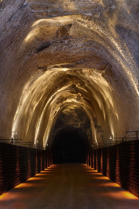 Caves Champagne Joseph Perrier - L&L Luce&Light Illusion Architecture, Parisian Lighting, Cave Architecture, Cave Library, Champagne France, Architectural Lighting Design, House Light, Covered Walkway, Corridor Lighting