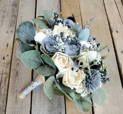 Bouquet With Hydrangea, Thistle Blue, Slate Blue Wedding, Globe Thistle, Flower Hydrangea, Blue Eucalyptus, Wood Flower Bouquet, Bridal Bouquet Blue, Eucalyptus Bouquet