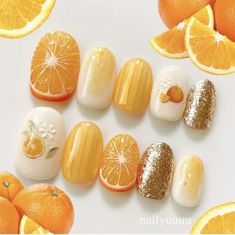 Fruit Nail Designs, Fruit Nail Art, Nail Art Techniques, Beauty Nails Design, Japanese Nails, Kawaii Nails, Pretty Nail Art, Orange Nails, Funky Nails