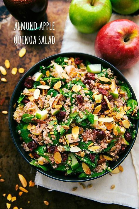 A simple quinoa salad with toasted almonds and sunflower seeds, a chopped apple, and dried cranberries. A delicious raspberry vinaigrette covers this salad! Add some grilled chicken if desired. Apple Quinoa Salad, Apple Quinoa, Almond Salad, Spinach Salad With Chicken, Quinoa Salads, Chelsea's Messy Apron, Apple Salad, Broccoli Salad, Spinach Salad