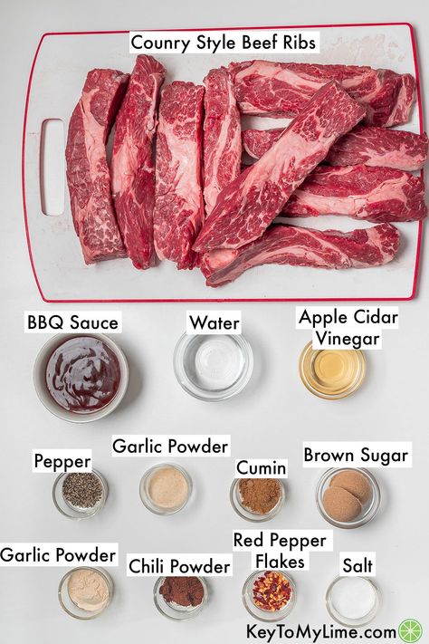 These delicious, tender, melt-in-your-mouth boneless country style beef ribs are packed with flavor and are super easy to make. The homemade spice rub takes the flavor to a whole new level, and then it’s coated in BBQ sauce to make it even more delicious. KeyToMyLime.com Beef Chuck Tx Style Ribs Recipe, Boneless Beef Ribs Recipe, Country Style Beef Ribs, Beef Country Style Ribs, Boneless Beef Ribs, Beef Ribs Recipe, Country Style Pork Ribs, Rib Sauce, Boneless Ribs