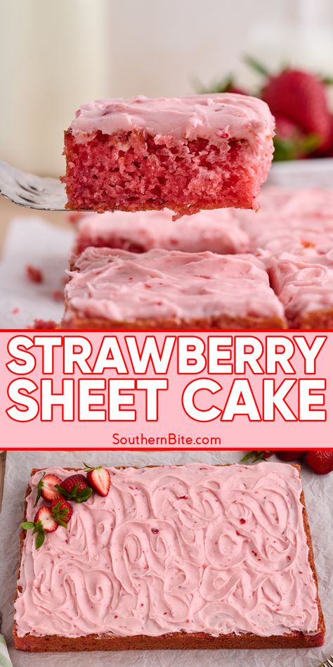 Best Strawberry Sheet Cake Paula Deen Strawberry Sheet Cake, Fresh Strawberry Sheet Cake, Strawberry Short Poke Cake, Best Strawberry Sheet Cake, Strawberry Cake No Jello, Cake Jello Recipes, Strawberry Cake Easy Recipe, Semi Homemade Strawberry Cake, Strawberry Texas Sheet Cake