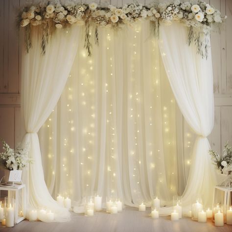 PRICES MAY VARY. Size: Package including 4 panels 5ft width by 10ft height ivory backdrop curtains with lights, a set of 9.8ft warm white string light and 24pcs Transparent clips. High quality ivory tulle fabric, collapsible without creases, Beautiful Sheer Drapes! Can be reused. If you want a thicker/fuller look, you would need more Dreamy Display: This wedding photo backdrop is perfect to create beautiful folds or leave it flowing loose onto the floor,add a very soft,beautiful,romantic touch t White Backdrop With Lights, Outdoor Wedding Curtains, Wedding Backdrop With Fairy Lights, Outside Quinceanera Ideas Simple, Wedding Arch For Indoor Wedding, Sage Green And White Decorations, Square Wedding Backdrop, Neutral Tones Wedding Decor, Palette Wedding Backdrop