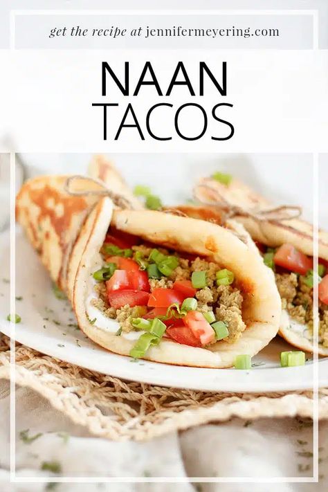 Naan Tacos - Flavorful and hearty, these naan bread tacos are filled to the brim with curry turkey and tangy Greek yogurt. Naan Ideas Lunch, Naan Bread Tacos, What To Eat Naan Bread With, Turkey Naan Sandwich, Dinners With Naan Bread, Recipes Using Naan Bread, Naan Tacos, Nanna Bread, Curry Turkey