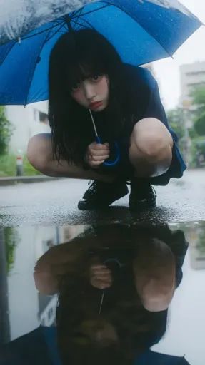 ↑↑↑ Larger size on website 🔸 A young woman with long black hair is squatting on a wet pavement, holding a blue umbrella above her Holding Umbrella Pose, Umbrella Pose Reference, Holding Umbrella Reference, Umbrella Reference, Umbrella Pose, Umbrella Photoshoot, Puddle Reflection, Woman With Umbrella, Woman With Long Black Hair