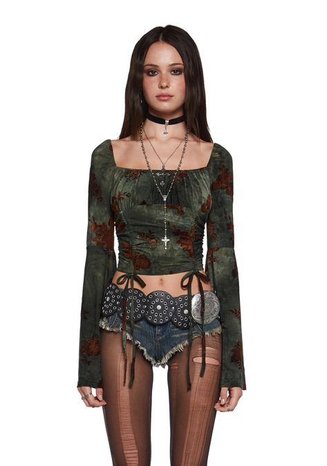 Stretchy Mesh Flocked Floral Velvet Long Sleeve Crop Top Current Mood - Multi – Dolls Kill Bratz Clothing, Slingback Loafers, Womans Halloween Costume, Girl Scout Costume, Floral Top Outfit, Halloween Costume Shoes, Dolls Kill Outfits, Current Mood Clothing, Tour Outfits