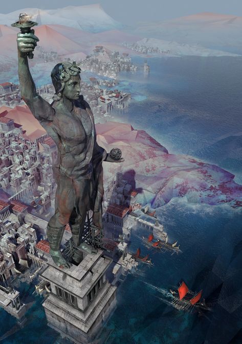 Colossus Of Rhodes, Architecture Antique, Fantasy City, Fantasy Setting, Seven Wonders, Fantasy Places, Ancient Architecture, 판타지 아트, Environment Concept Art