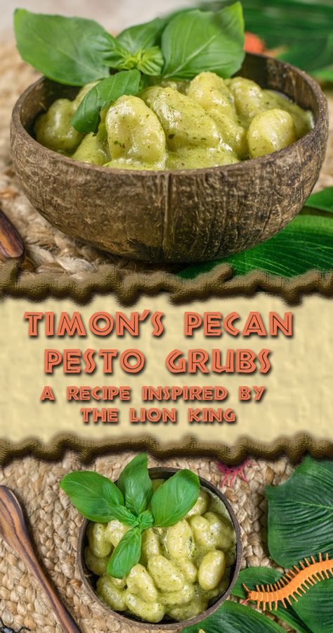 The Lion King | Vegetarian Recipes | Disney Recipes | Disney Food | Pasta Recipes | Gnocchi Recipes | To celebrate the anniversary of Disney's The Lion King, The Geeks created recipe for Timon's Pecan Pesto Grubs! [sponsored] 2geekswhoeat.com Food Pasta Recipes, Recipes Gnocchi, Pecan Pesto, Disney Movie Night Food, Disney Inspired Recipes, Recipes Disney, Disney Movie Night Dinner, Movie Night Dinner, Disney Inspired Food