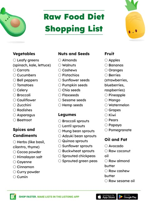 As the name suggests, the raw food diet focuses on consuming unprocessed and uncooked foods. By keeping foods in their natural state, you can retain more nutrients, vitamins, and enzymes, which results in improved health. This article covers the basics of this dietary approach and provides you with a convenient raw food diet shopping list that will help you get started with this diet quicker. Raw Vegan Shopping List, Benefits Of Raw Vegan Diet, Raw Diet Recipes Clean Eating, Raw Food Meal Plan, Raw Foods Diet For Beginners, Raw Food Recipes For Beginners Easy, Raw Before 4 Meal Plan, 30 Day Raw Vegan Challenge, Raw Food Fast