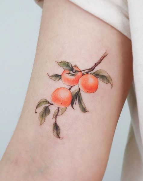 Persimmon Branch Tattoo, Persimmon Tree Tattoo, Apricot Tattoo, Persimmon Tattoo, Ornate Tattoo, Peach Tattoo, Fruit Tattoo, Sister Tattoo, Elements Tattoo