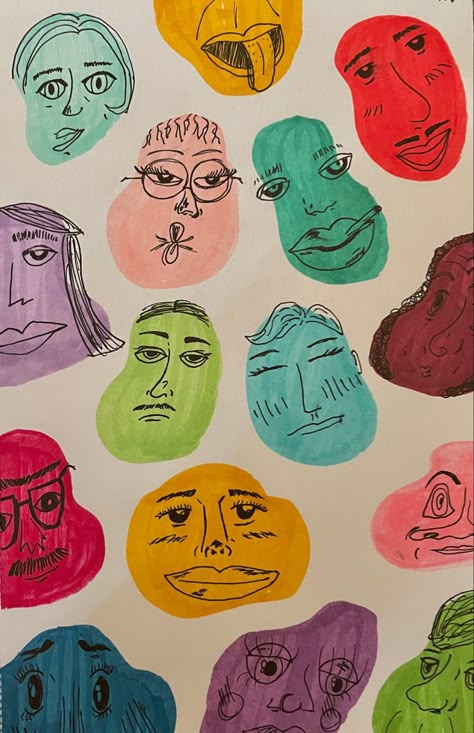 Watercolor Blob Art, Face Doodles Abstract, Doodle With Color, Blob Doodles, Funky Drawing Ideas, Faces Doodle, Quirky Drawings, Class Doodles, Doodle Faces