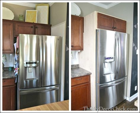 Building in a fridge with cabinet on top | Thrifty Decor Chick | Thrifty DIY, Decor and Organizing Build Fridge Surround, Fridge Framing Cabinets, Enclosing Fridge, Space Above The Fridge, Refrigerator Sticks Out Past Cabinets, Fridge Sticks Out Past Cabinets, Make Fridge Look Built In, Encased Refrigerator, Diy Built In Fridge