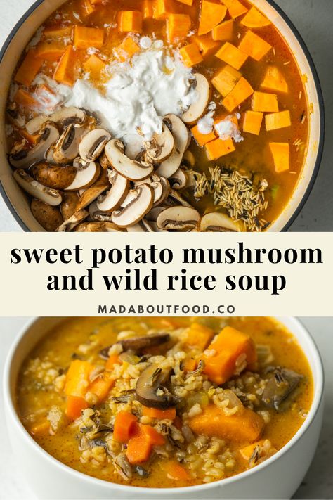 Vegan Fall Soup, Sweet Potato Mushroom, Wild Rice Mushroom Soup, Rice Mushroom Soup, Wild Rice Mushroom, Potato Mushroom, Wild Rice Soup Recipes, Rice Soup Recipes, Fall Soup