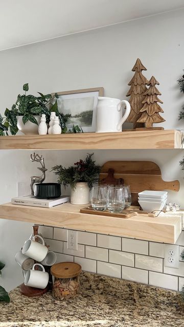 arielle | beydin design on Instagram: "1 week left till Christmas!🌲 . . . . . . #beydindesign #homedecor #seasonalhome #seasonaldecor #mixerofstyles #kitchendesign #kitchendecor #openshelving #floatingshelves #shelfstyling #shelfdecor #homestyling #homeinspo #homeinspo4you #holidaydecor #holidaydecorating #holidayinspo #myholidayhome #myholiday #christmasdecor #christmastime #christmasreels #reelitfeelit #neutralsdoneright #inmydomaine #christmascountdown #trending #merryandbright #interiorinsp Kitchen Floating Shelves Decor, White Oak Floating Shelves, Floating Shelf Kitchen, Kitchen Shelf Styling, Floating Kitchen Shelves, Floating Kitchen, Kitchen Floating Shelves, Oak Floating Shelves, Floating Shelf Decor