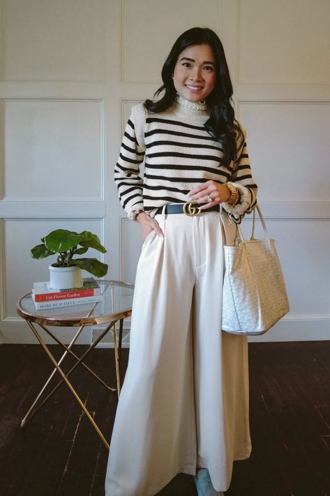 Amazon Wide leg pants, stripe sweater, Gucci Belt, Goyard tote https://www.withlovelilyrose.com/daily-outfit-details/2022/11/fall-amazon-fashion-finds/ Apricot Outfit, Amazon Earrings, Goyard Tote, Amazon Fashion Finds, Love Lily, Puff Sleeve Sweater, Padded Headband, Knit Midi Skirt, Another Love