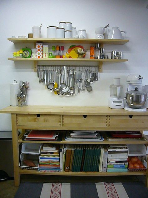 I need a microwave cart and cookbook storage! Ikea Varde, Ikea Buffet, Ikea Norden, Shelves Ikea, Ikea Kitchen Storage, Dinner Party Planning, Cookbook Storage, Rustic Country Kitchens, Shelves Kitchen