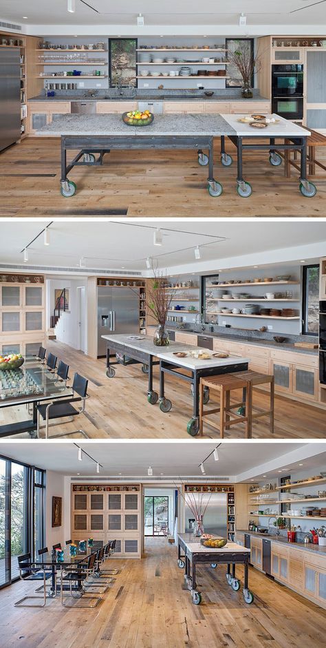 Two separate movable tables can be positioned together to make the layout of industrial style kitchen island customizable. Simple Tables, Movable Table, Island Furniture, Kitchen Feature, Portable Kitchen Island, Industrial Kitchen Island, Industrial Kitchen Design, Bakery Kitchen, Industrial Style Kitchen