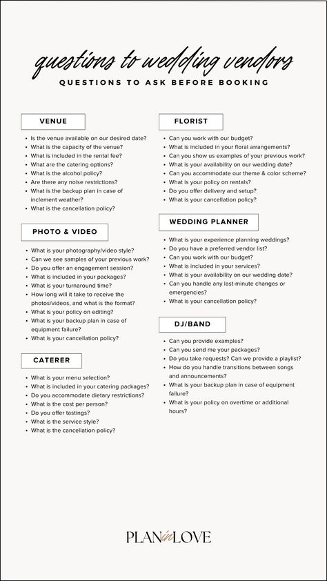 questions to ask your wedding vendors | event coordination | vendor selection | wedding day moments | wedding planning | wedding journey | wedding | plan in love Things You Need To Know When Planning A Wedding, Wedding Checklist Vendors, List Of Vendors Needed For Wedding, Everything You Need To Know About Planning A Wedding, List Of Wedding Vendors, Vendors List For Wedding, Wedding Planning Sheets, Starting A Wedding Planning Business, Wedding Vendors List