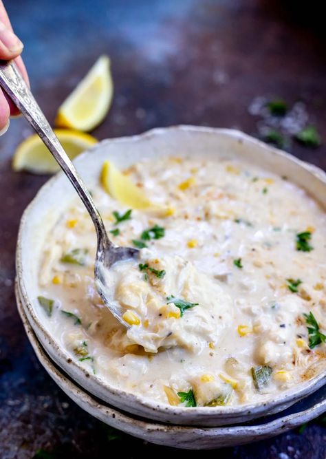 This chowder recipe is quick and easy! Crab and Corn Chowder is a thick, rich, indulgent soup that will make you think you are near the beach. With some shortcuts this hearty chowder comes together in no time and is perfect for the chilly months. #chowderrecipes #souprecipes #crabchowder #cornchowder #easydinnerrecipes #dinnerideas #30minutemeals #seafoodrecipes Crab Chowder Recipes, Crab And Corn Chowder, Crab And Corn, Crab Chowder, Corn Chowder Recipe, Chowder Recipe, Crab Recipes, Chowder Recipes, Corn Chowder