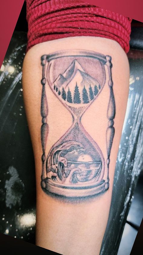 Ocean Hourglass Tattoo, Sun And Moon Hourglass Tattoo, Hourglass Mountain Tattoo, Hourglass Arm Tattoos For Women, Hourglass Tattoo Feminine, As Above So Below Hourglass Tattoo, Hourglass Tattoo, Water Tattoo, Beach Tattoo