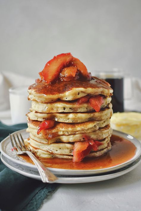 Rhubarb Pancakes, Super Fluffy Pancakes, Vegan Butter Substitute, Rhubarb Syrup, Butter Substitute, Pancake Toppings, Irish Butter, Make People Happy, Fluffy Pancakes