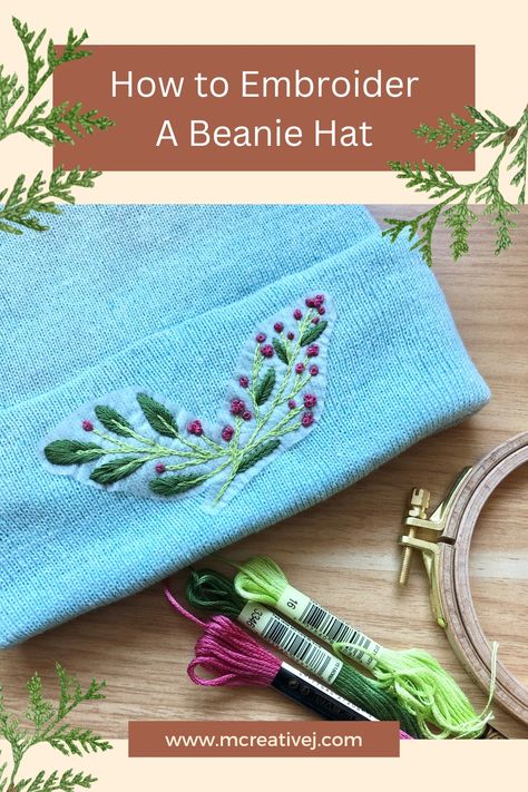 Hand Embroidery Beanies, Embroider Beanie Diy, How To Embroider A Beanie, Diy Hat Embroidery, Carhartt Hat Embroidery Diy, Embroidered Knit Hat, Embroidered Carhartt Beanie Diy, Winter Embroidered Beanie, Hand Embroidery Beanie