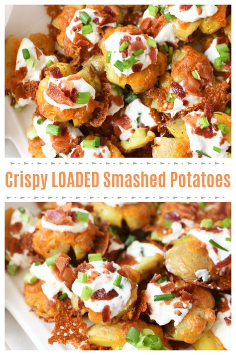 Easy Oven Baked Loaded Smashed Baby Potatoes Smashed Loaded Baby Potatoes, Loaded Smashed Potatoes Baked, Meals With Baby Potatoes, Baked Loaded Potatoes In The Oven, Baked Baby Potatoes In The Oven, Recipes With Baby Potatoes, Baby Baked Potatoes, Grilled Baby Potatoes, Smashed Baby Potatoes