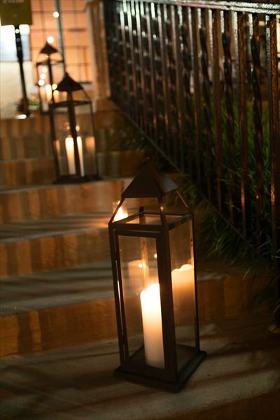 Lanterns on the steps outside the Visitor Center in Forest Park. Lanterns On Steps Outside, Lanterns On Stairs, Wedding Steps, Lanterns Centerpieces, Going Up The Stairs, Park Wedding Ideas, Stairs Outdoor, Free Standing Lamps, Lantern Centerpieces