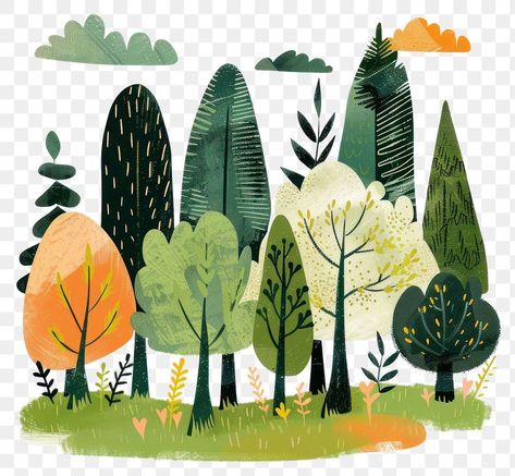 Colorful Forest Aesthetic, Autumn Tree Illustration, Cartoon Tree Drawing, Forest Illustration Trees, Simple Forest Drawing, Vegetation Illustration, Softboard Ideas, Cartoon Nature, Illustration Forest