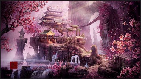 ArtStation - The sky palace Sakura Forest, Sky Palace, Backgrounds Drawing, Space Pirates, Asian Artwork, Scenery Art, Episode Backgrounds, Japan Landscape, Embroidery Wall Art