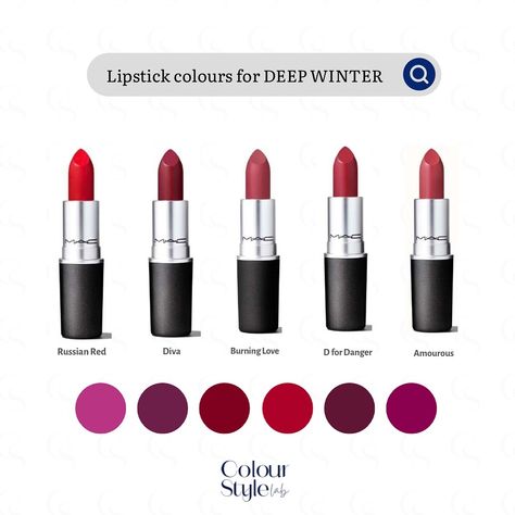 ⭐️SAVE IT FOR LATER⭐️ Lipstick is the most exciting Deep Winter make-up product! You can wear really deep and intense lipstick colours, like deep reds and purples. Don’t be afraid! If you find those lipsticks too intense, apply them with a light hand, or opt for one of the lighter shades. Avoid overly warm, orange-based lipstick colours. . . . #colouranalysis #coloranalysis #makeup #style #deepwinter #darkwinter Deep Winter Mac Lipstick, Dark Winter Lipstick Colors, Deep Winter Makeup Products, Deep Winter Lipstick Colors, Deep Winter Lipstick, True Winter Lipstick, Dark Winter Makeup, Deep Winter Makeup, Winter Lipstick Colors