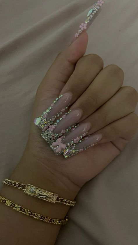 Long Square Acrylic Nails With Gems, Silver And Pink Nail Designs, Pink Blinged Out Nails, Nail Ideas Bling, Hood Nails, Blinged Out Nails, Colored Acrylic Nails, Nails Design With Rhinestones, Girly Acrylic Nails